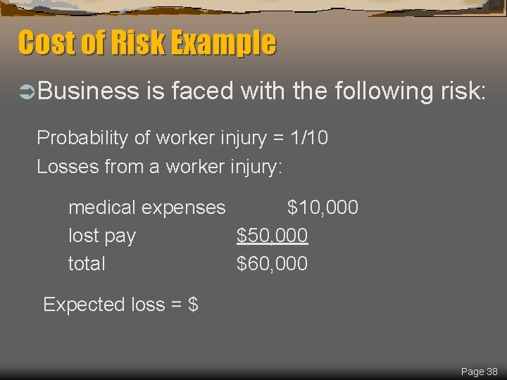 Cost of Risk Example Ü Business is faced with the following risk: Probability of