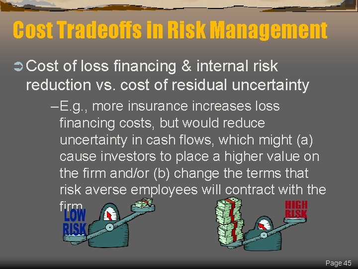 Cost Tradeoffs in Risk Management Ü Cost of loss financing & internal risk reduction