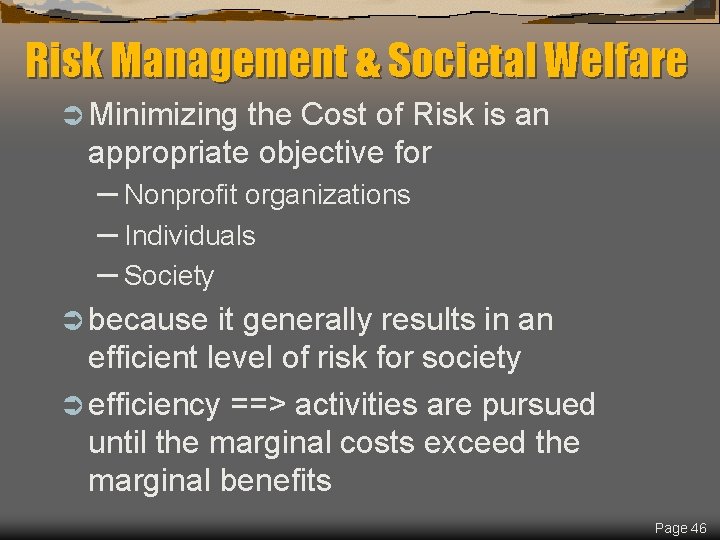 Risk Management & Societal Welfare Ü Minimizing the Cost of Risk is an appropriate
