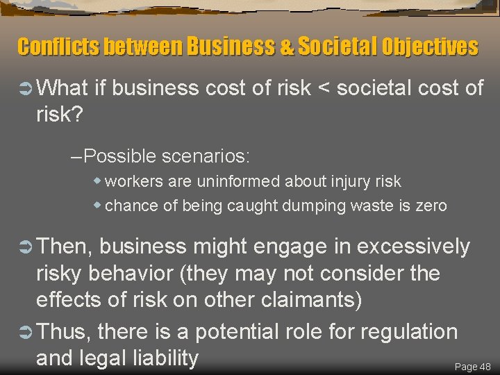 Conflicts between Business & Societal Objectives Ü What if business cost of risk <