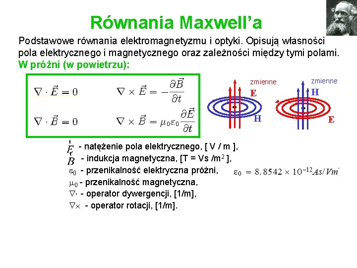 Równania Maxwell’a Podstawowe równania elektromagnetyzmu i optyki. Opisują własności pola elektrycznego i magnetycznego oraz