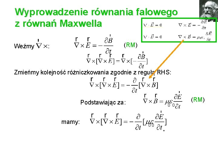 Wyprowadzenie równania falowego z równań Maxwella (RM) Weźmy : Zmieńmy kolejność różniczkowania zgodnie z