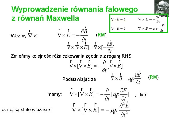 Wyprowadzenie równania falowego z równań Maxwella (RM) Weźmy : Zmieńmy kolejność różniczkowania zgodnie z