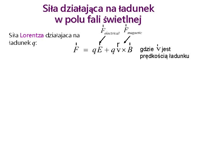 Siła działająca na ładunek w polu fali świetlnej Siła Lorentza działajaca na ładunek q: