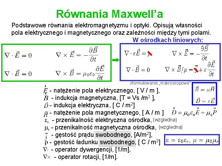 Równania Maxwell’a Podstawowe równania elektromagnetyzmu i optyki. Opisują własności pola elektrycznego i magnetycznego oraz