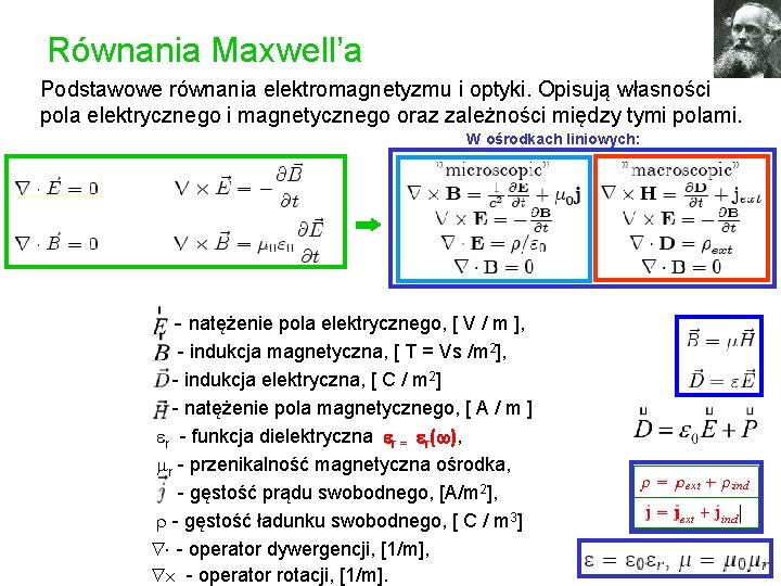 Równania Maxwell’a Podstawowe równania elektromagnetyzmu i optyki. Opisują własności pola elektrycznego i magnetycznego oraz