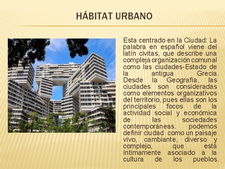 HÁBITAT URBANO Esta centrado en la Ciudad: La palabra en español viene del latín