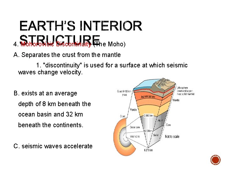 4. Mohorovicic Discontinuity (The Moho) A. Separates the crust from the mantle 1. "discontinuity"