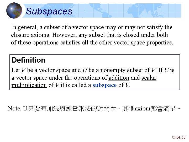 Subspaces In general, a subset of a vector space may or may not satisfy