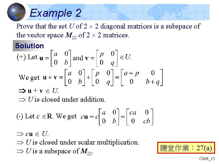 Example 2 Prove that the set U of 2 2 diagonal matrices is a