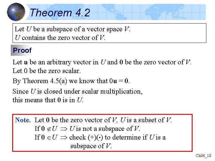 Theorem 4. 2 Let U be a subspace of a vector space V. U