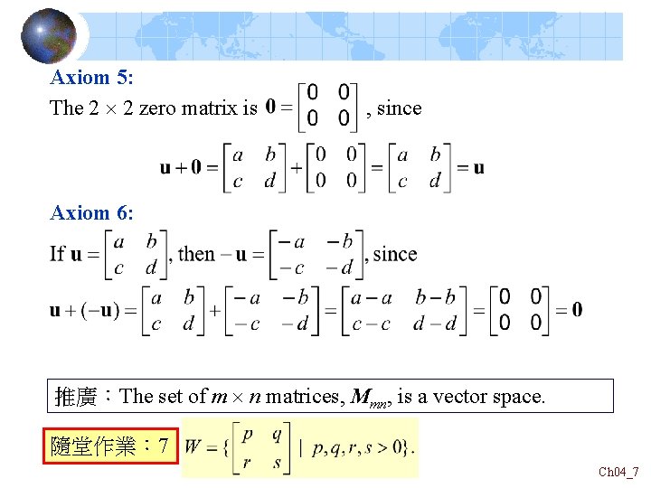 Axiom 5: The 2 2 zero matrix is , since Axiom 6: 推廣:The set Axiom 5: The 2 2 zero matrix is , since Axiom 6: 推廣:The set