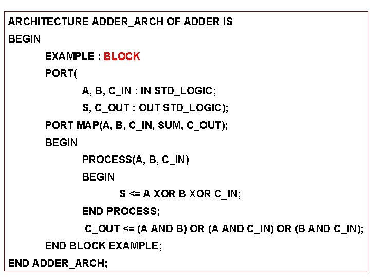 ARCHITECTURE ADDER_ARCH OF ADDER IS BEGIN EXAMPLE : BLOCK PORT( A, B, C_IN :