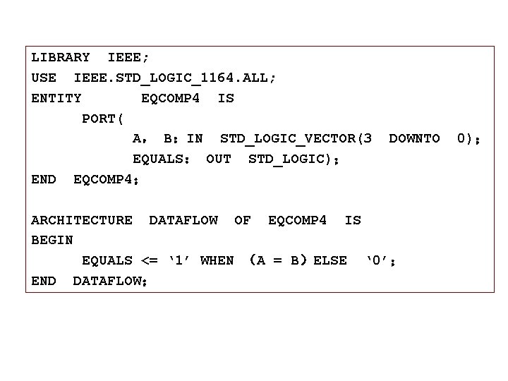 LIBRARY IEEE; USE IEEE. STD_LOGIC_1164. ALL; ENTITY EQCOMP 4 IS PORT( A， B：IN STD_LOGIC_VECTOR(3