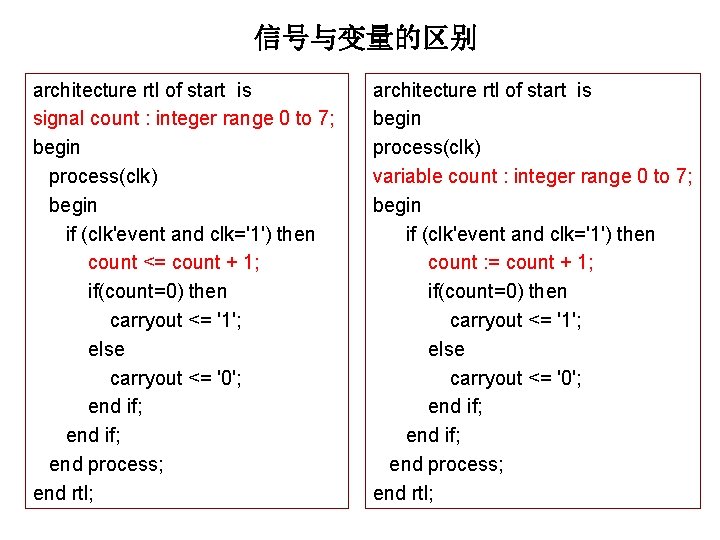 信号与变量的区别 architecture rtl of start is signal count : integer range 0 to 7;
