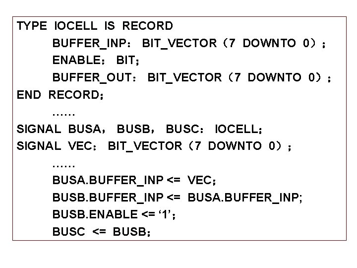 TYPE IOCELL IS RECORD BUFFER_INP： BIT_VECTOR（7 DOWNTO 0）； ENABLE： BIT； BUFFER_OUT： BIT_VECTOR（7 DOWNTO 0）；