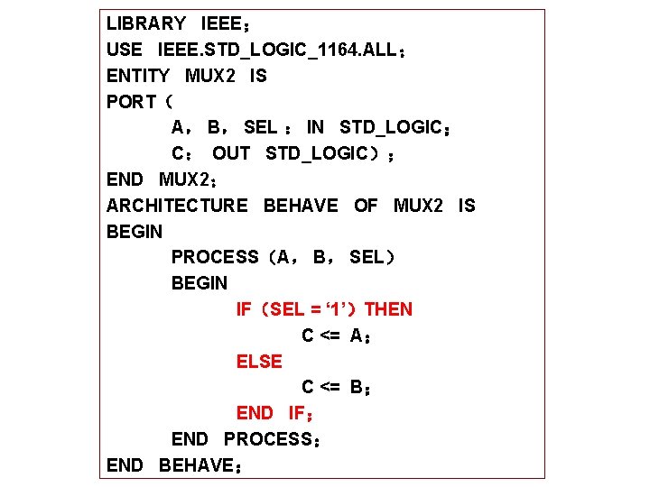 LIBRARY IEEE； USE IEEE. STD_LOGIC_1164. ALL； ENTITY MUX 2 IS PORT（ A， B， SEL
