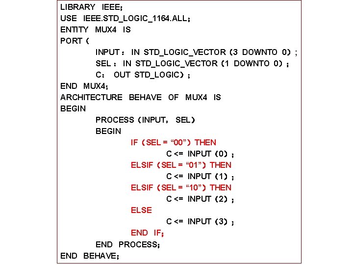 LIBRARY IEEE； USE IEEE. STD_LOGIC_1164. ALL； ENTITY MUX 4 IS PORT（ INPUT ： IN