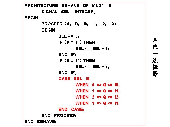 ARCHITECTURE BEHAVE OF MUX 4 IS SIGNAL SEL： INTEGER； BEGIN PROCESS（A， B， I 0，