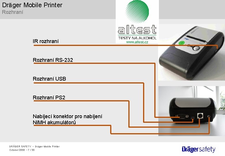 Dräger Mobile Printer Rozhraní IR rozhraní RS-232 Rozhraní USB Rozhraní PS 2 Nabíjecí konektor