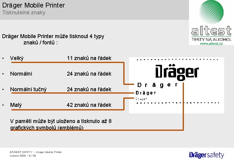 Dräger Mobile Printer Tisknutelné znaky Dräger Mobile Printer může tisknout 4 typy znaků /