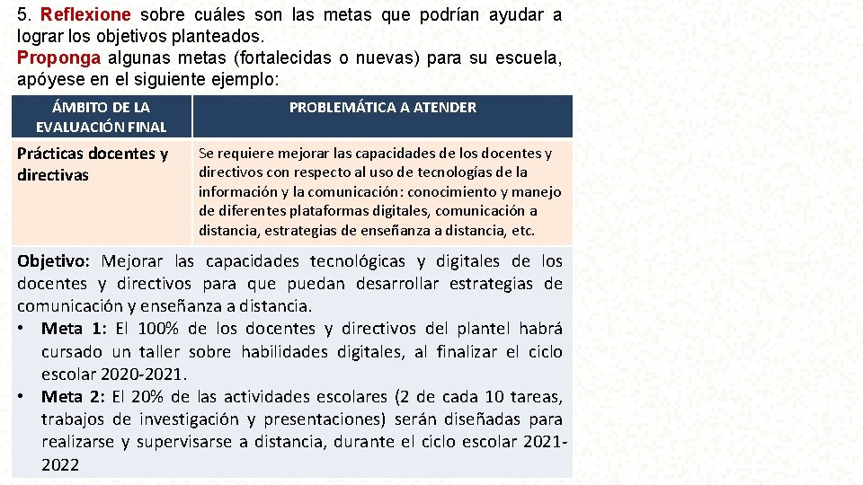 5. Reflexione sobre cuáles son las metas que podrían ayudar a lograr los objetivos