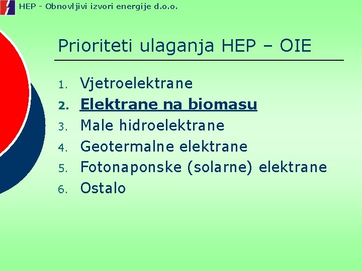 HEP - Obnovljivi izvori energije d. o. o. Prioriteti ulaganja HEP – OIE 1.