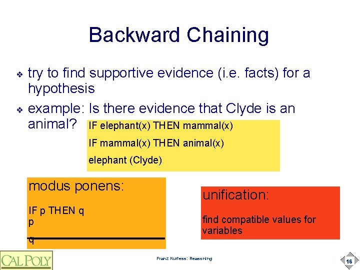 Backward Chaining try to find supportive evidence (i. e. facts) for a hypothesis ❖