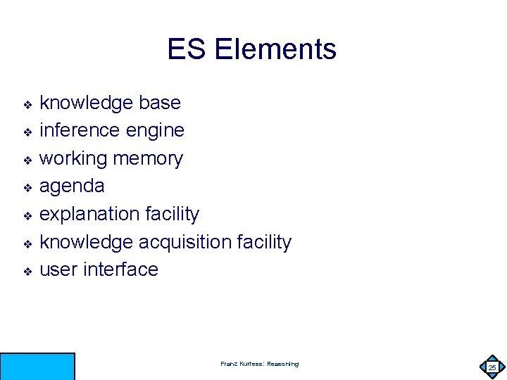 ES Elements knowledge base ❖ inference engine ❖ working memory ❖ agenda ❖ explanation