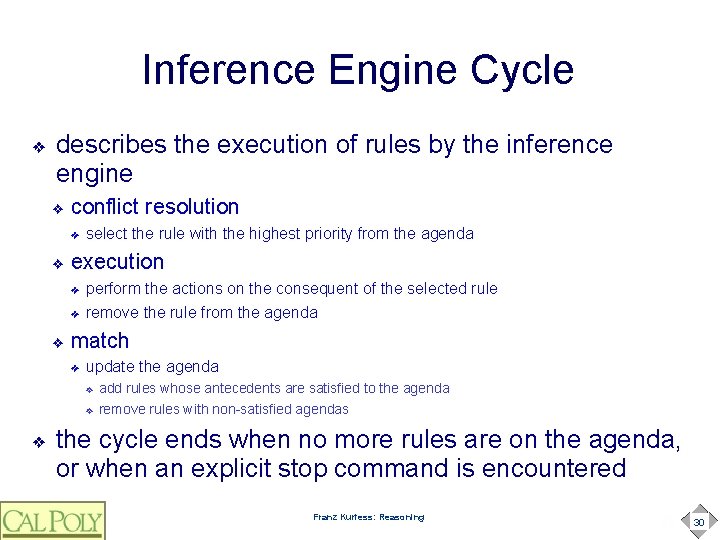 Inference Engine Cycle ❖ describes the execution of rules by the inference engine ❖