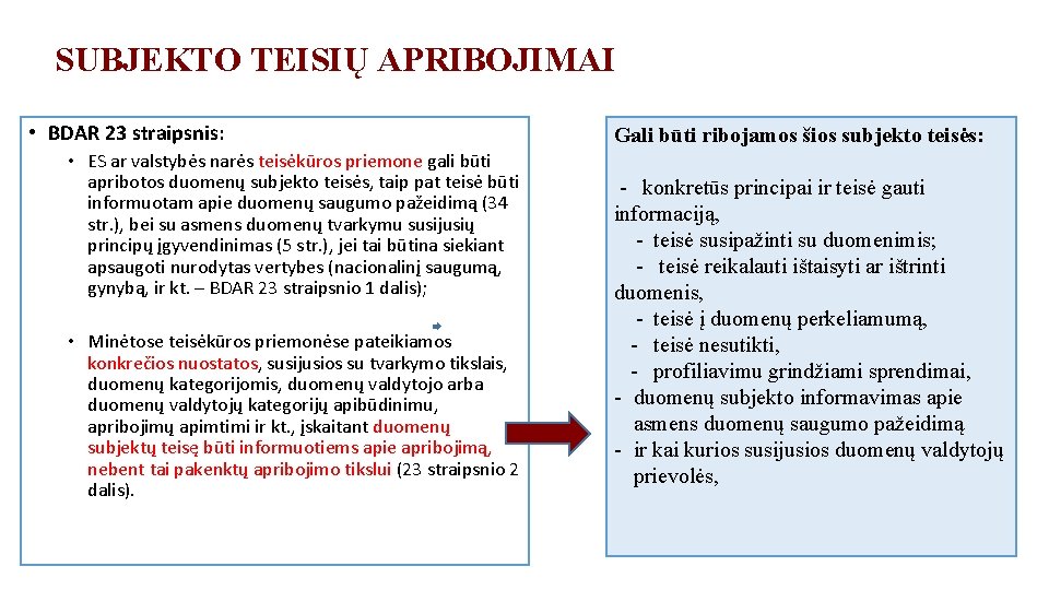  SUBJEKTO TEISIŲ APRIBOJIMAI • BDAR 23 straipsnis: • ES ar valstybės narės teisėkūros