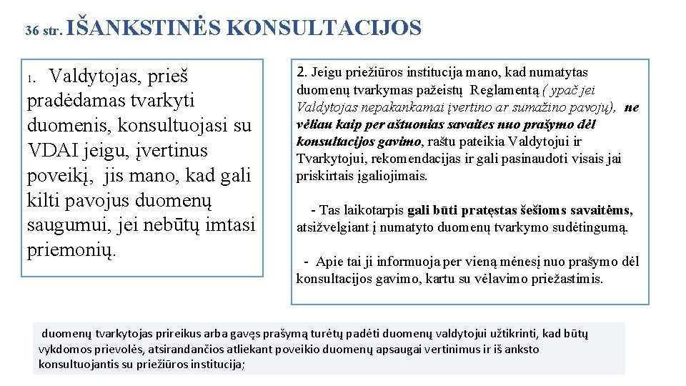 36 str. IŠANKSTINĖS KONSULTACIJOS . Valdytojas, prieš pradėdamas tvarkyti duomenis, konsultuojasi su VDAI jeigu,