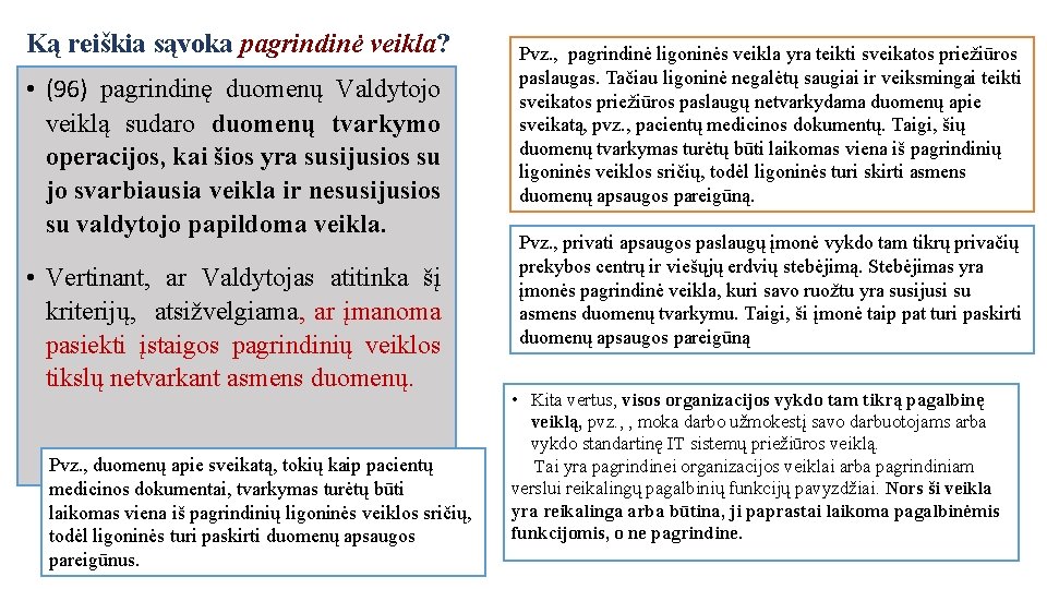 Ką reiškia sąvoka pagrindinė veikla? • (96) pagrindinę duomenų Valdytojo veiklą sudaro duomenų tvarkymo