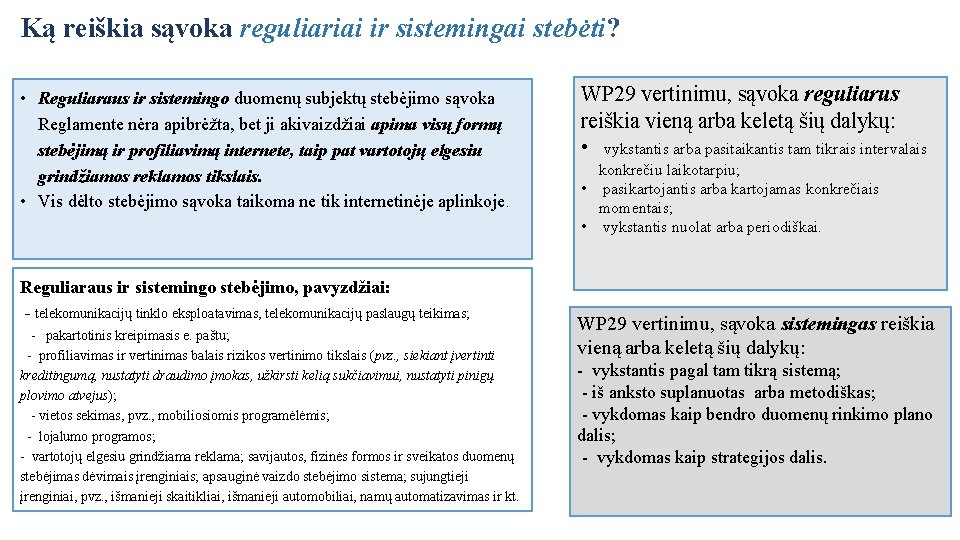 Ką reiškia sąvoka reguliariai ir sistemingai stebėti? • Reguliaraus ir sistemingo duomenų subjektų stebėjimo