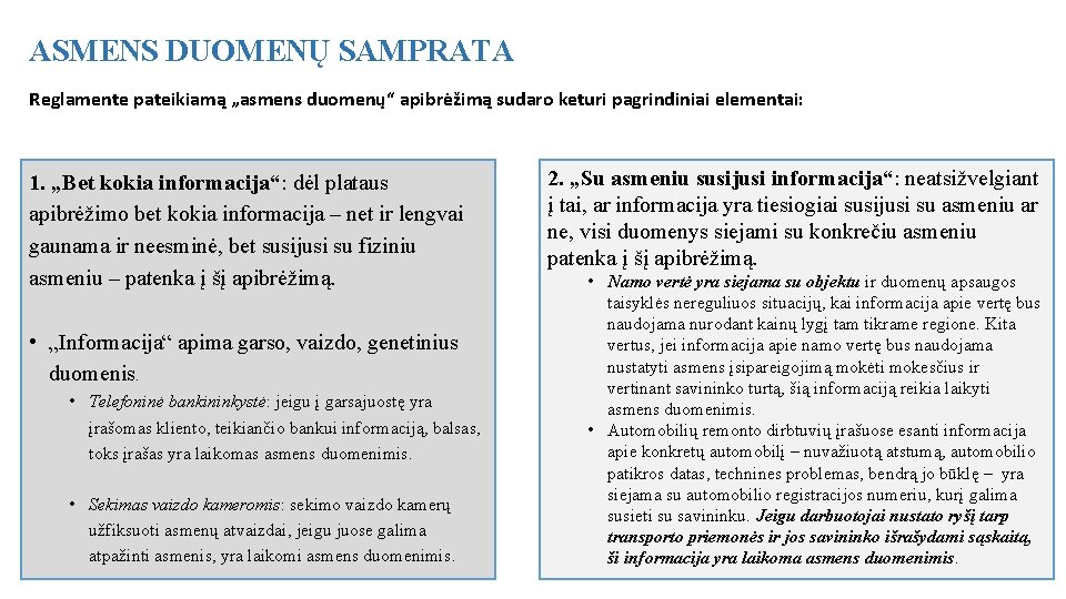 ASMENS DUOMENŲ SAMPRATA Reglamente pateikiamą „asmens duomenų“ apibrėžimą sudaro keturi pagrindiniai elementai: 1. „Bet