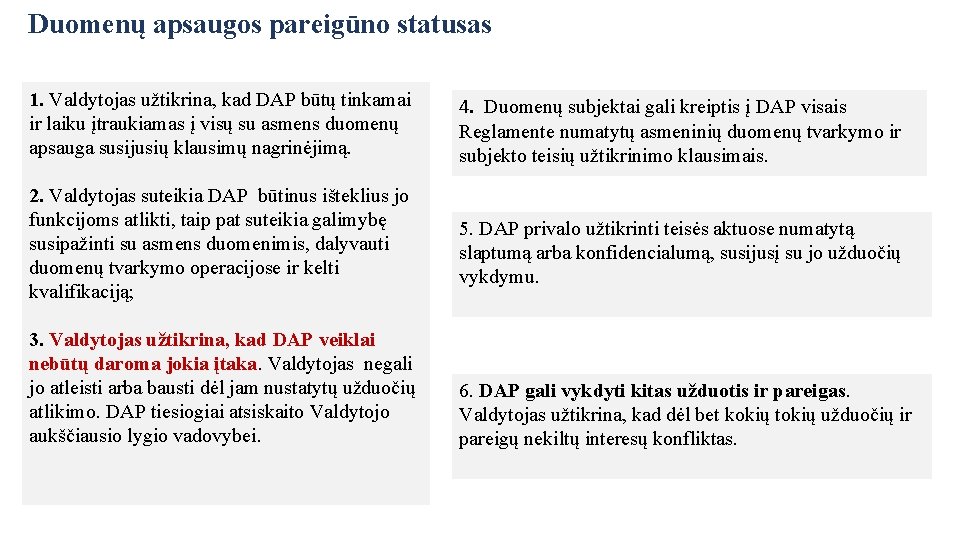 Duomenų apsaugos pareigūno statusas 1. Valdytojas užtikrina, kad DAP būtų tinkamai ir laiku įtraukiamas