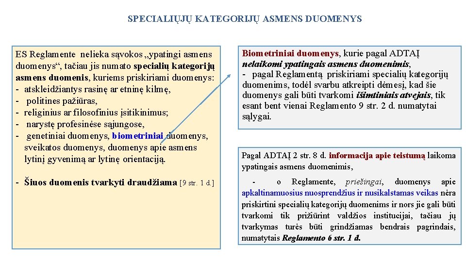 SPECIALIŲJŲ KATEGORIJŲ ASMENS DUOMENYS ES Reglamente nelieka sąvokos „ypatingi asmens duomenys“, tačiau jis numato