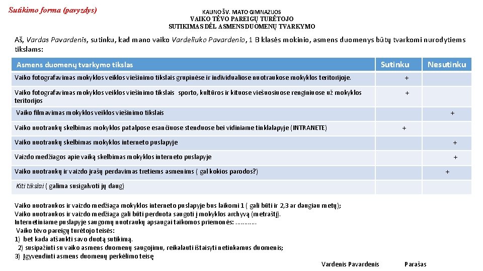 Sutikimo forma (pavyzdys) KAUNO ŠV. MATO GIMNAZIJOS VAIKO TĖVO PAREIGŲ TURĖTOJO SUTIKIMAS DĖL ASMENS