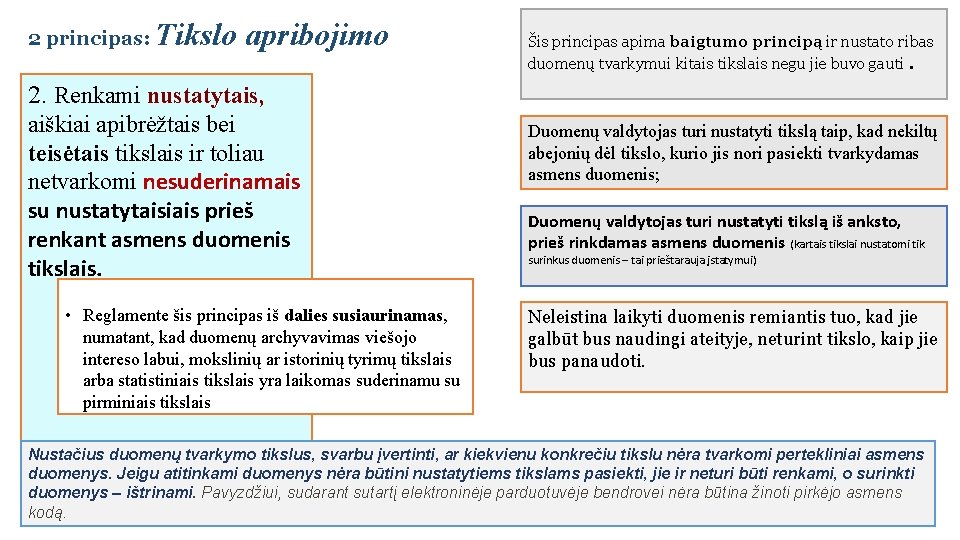 2 principas: Tikslo apribojimo Šis principas apima baigtumo principą ir nustato ribas duomenų tvarkymui