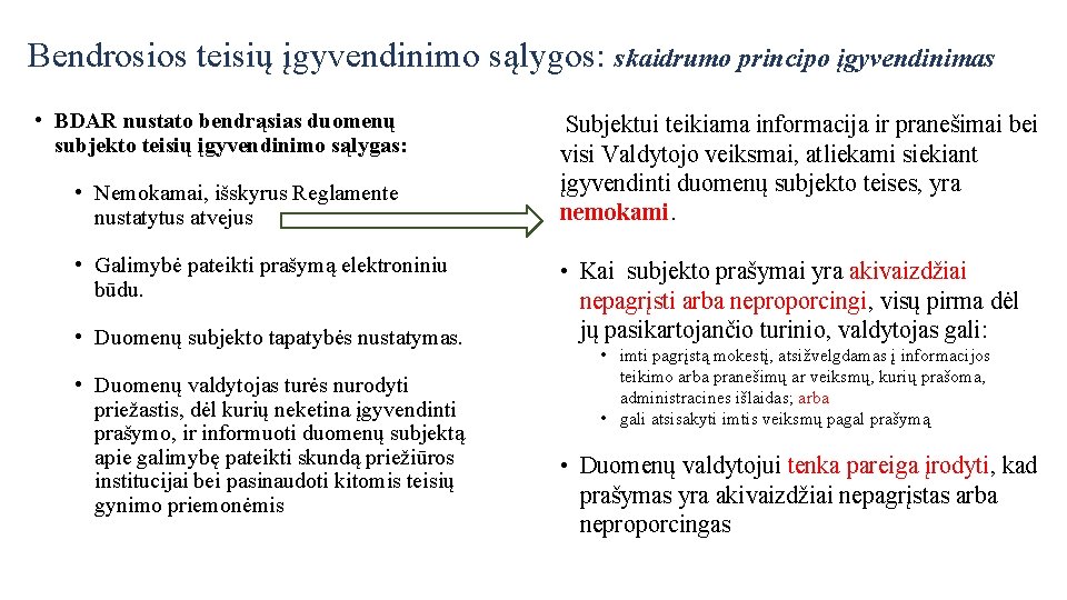 Bendrosios teisių įgyvendinimo sąlygos: skaidrumo principo įgyvendinimas • BDAR nustato bendrąsias duomenų subjekto teisių