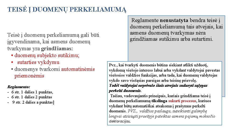 TEISĖ Į DUOMENŲ PERKELIAMUMĄ Reglamente nenustatyta bendra teisė į Teisė į duomenų perkeliamumą gali