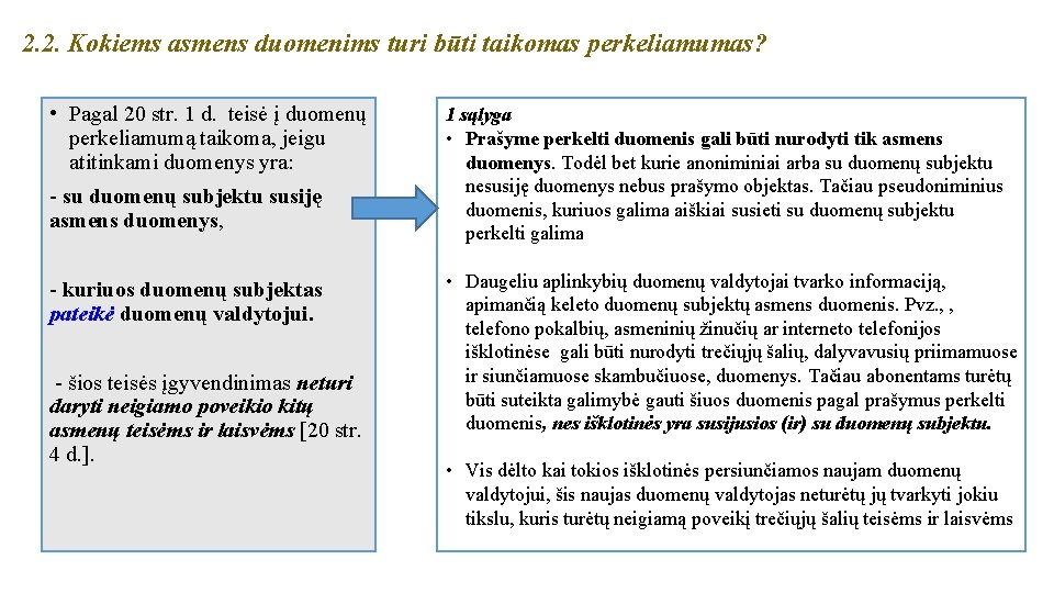 2. 2. Kokiems asmens duomenims turi būti taikomas perkeliamumas? • Pagal 20 str. 1