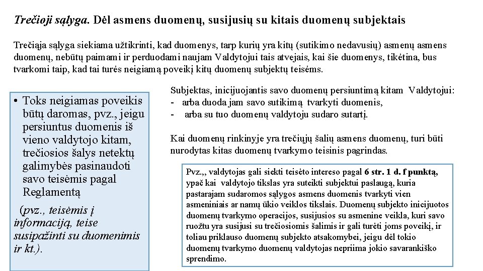 Trečioji sąlyga. Dėl asmens duomenų, susijusių su kitais duomenų subjektais Trečiąja sąlyga siekiama užtikrinti,