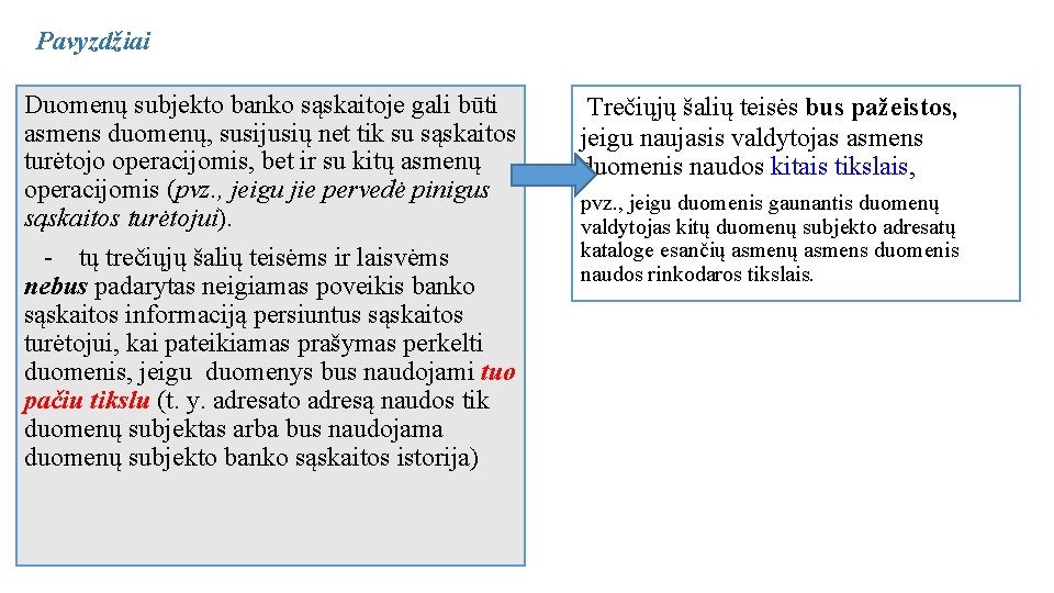 Pavyzdžiai Duomenų subjekto banko sąskaitoje gali būti asmens duomenų, susijusių net tik su sąskaitos