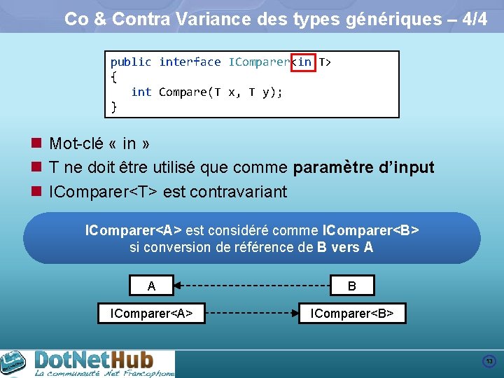 Co & Contra Variance des types génériques – 4/4 public interface IComparer<in T> {