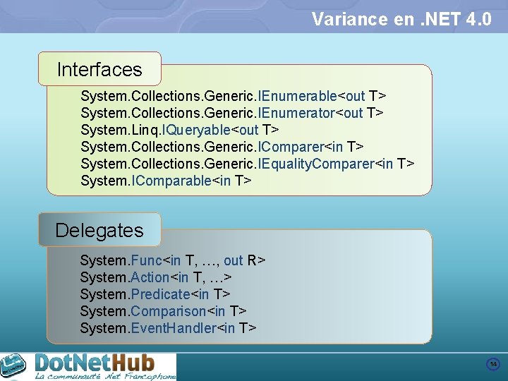 Variance en. NET 4. 0 Interfaces System. Collections. Generic. IEnumerable<out T> System. Collections. Generic.