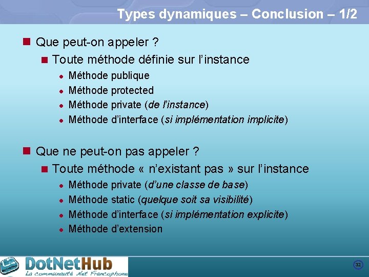 Types dynamiques – Conclusion – 1/2 n Que peut-on appeler ? n Toute méthode