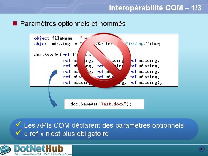 Interopérabilité COM – 1/3 n Paramètres optionnels et nommés object file. Name = "Test.