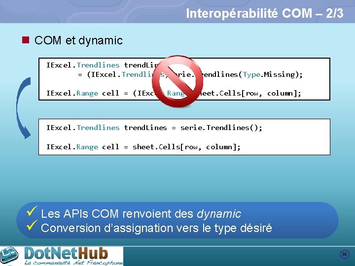 Interopérabilité COM – 2/3 n COM et dynamic IExcel. Trendlines trend. Lines = (IExcel.