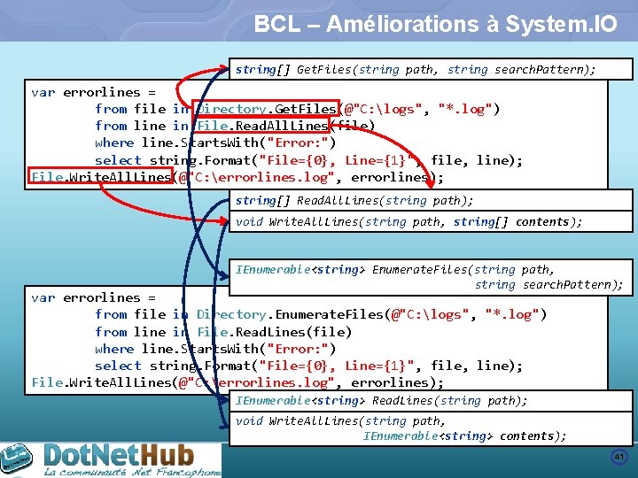 BCL – Améliorations à System. IO string[] Get. Files(string path, string search. Pattern); var